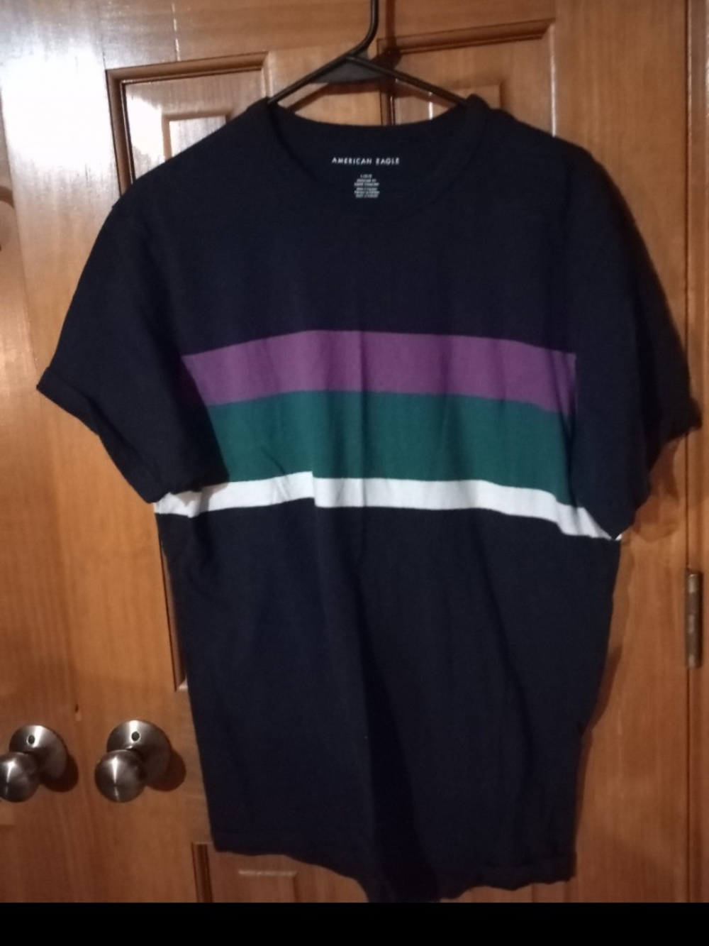 American Eagle Outfitters Navy Tee with Purple, Green & White Stripes